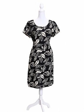 Silk Studio 100% Silk Leaf Print Sheath Dress Size 8 Black Ivory